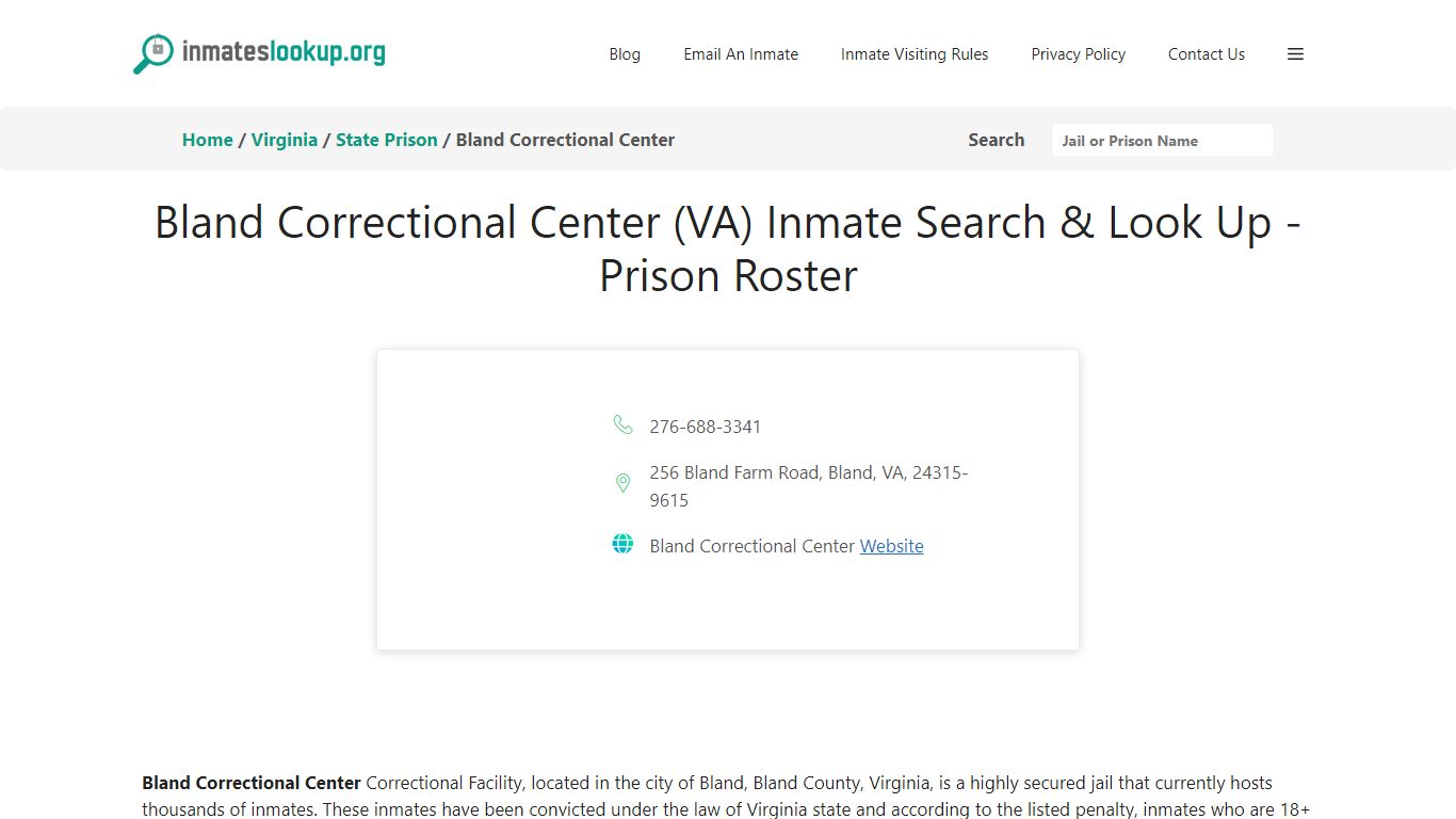 Bland Correctional Center (VA) Inmate Search & Look Up - Prison Roster